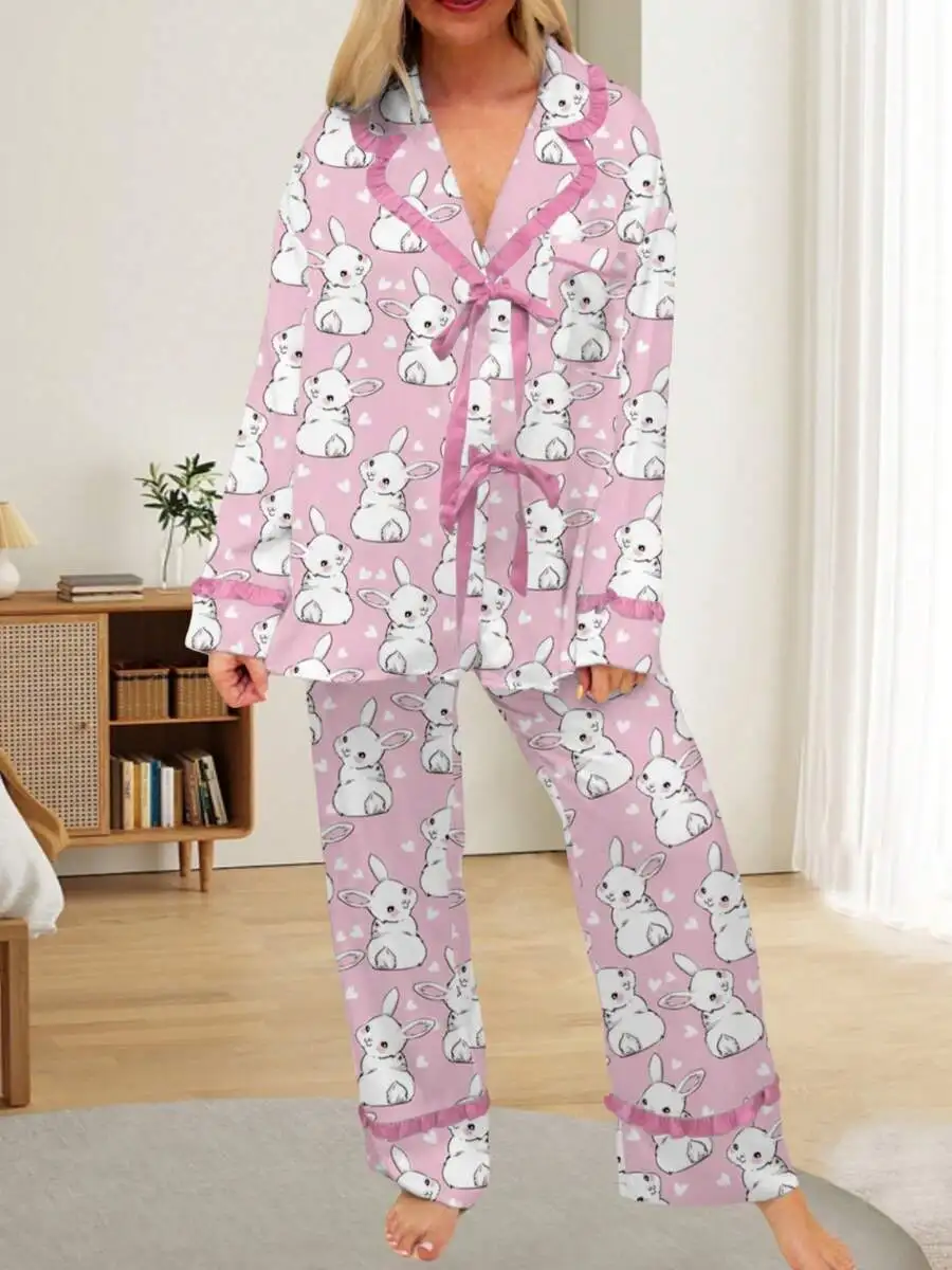 

Women 2 Piece Pajama Set Easter Bunny Print Long Sleeve Top With Bow Tie And Ruffle Pants Soft Loose Sleepwear