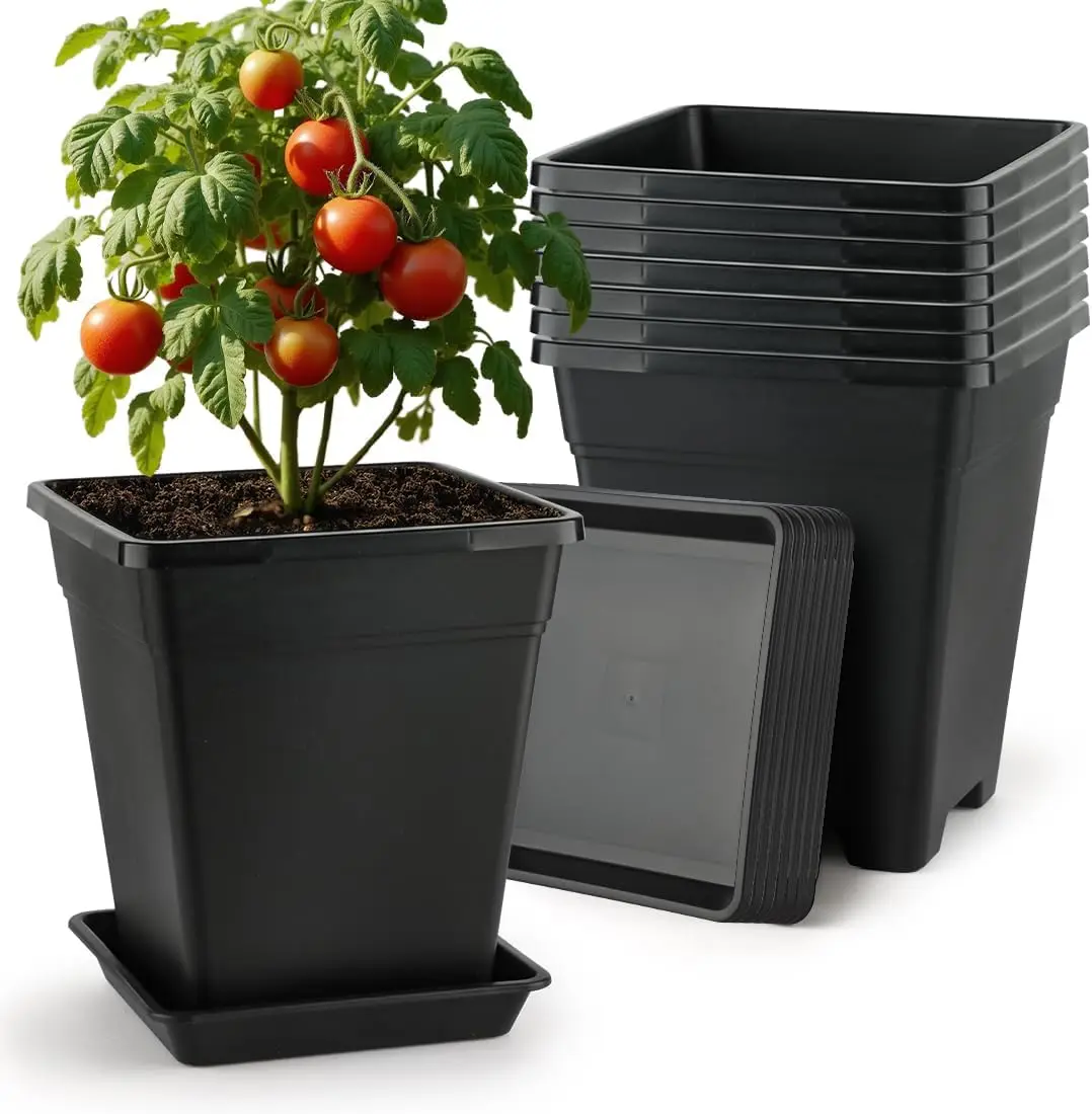 

9 Inch Square Planters with Drainage & Saucer, 8 Pack Large Plastic Pots for Indoor/Outdoor Plants