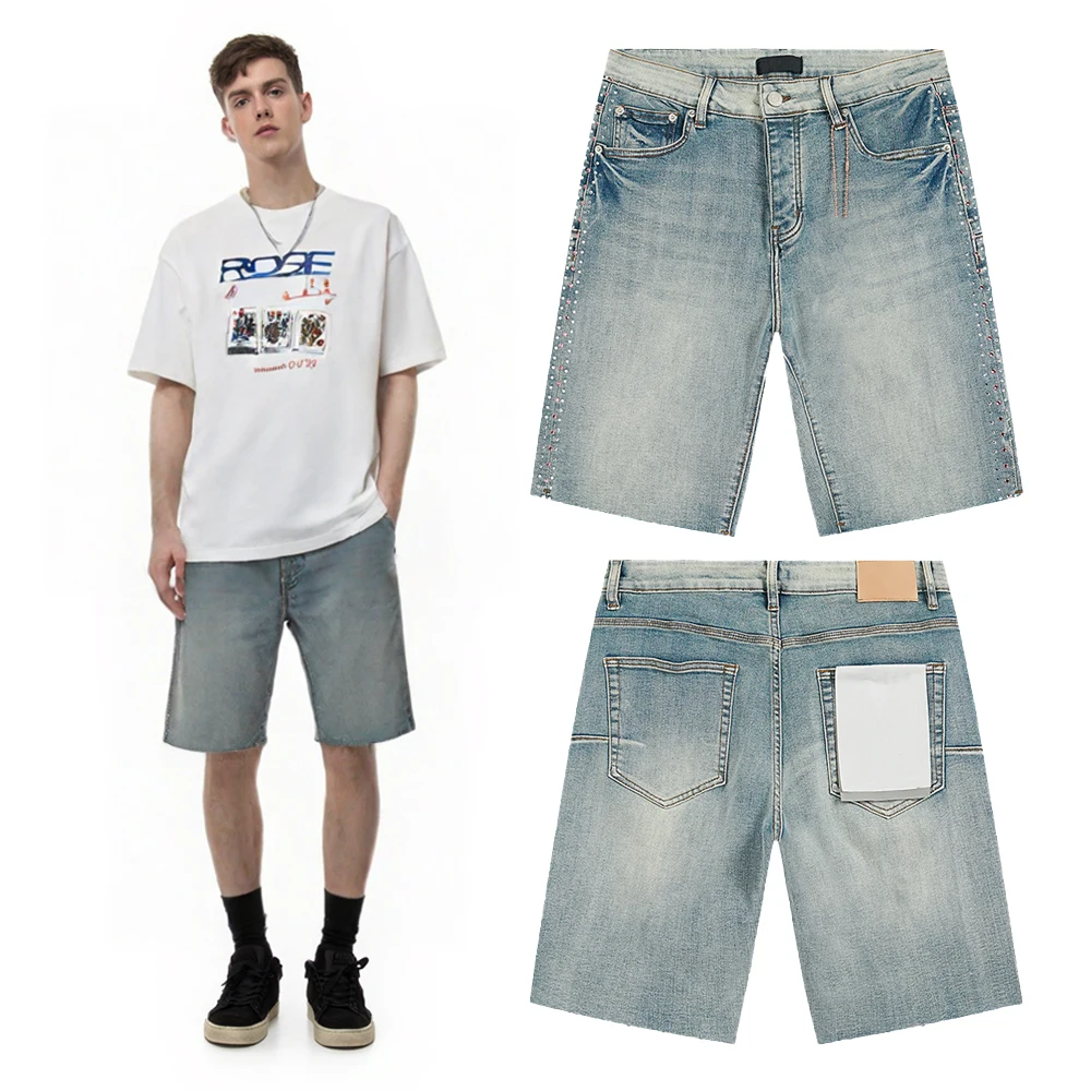 

Streetwear Clothing Loose Short Jeans with Rhinestones Hiphop Street Style Cotton Casual Summer Solid Denim Shorts Pants for Man