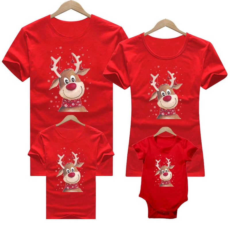 2023 Family Clothing Set Christmas Matching Clothes Mother Daughter Short Sleeve T-Shirts Red Christmas Santa Mother Kids Tops