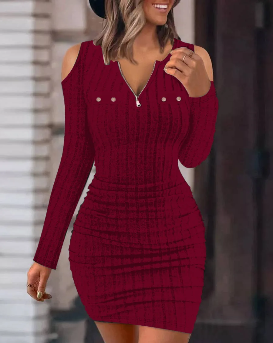 

2023 Women Sexy Sheath Dress Autumn Off Shoulder Zipper Ribbed Mini Dress Long Sleeve Bodycon Hollow Out Lady Party Dress Black