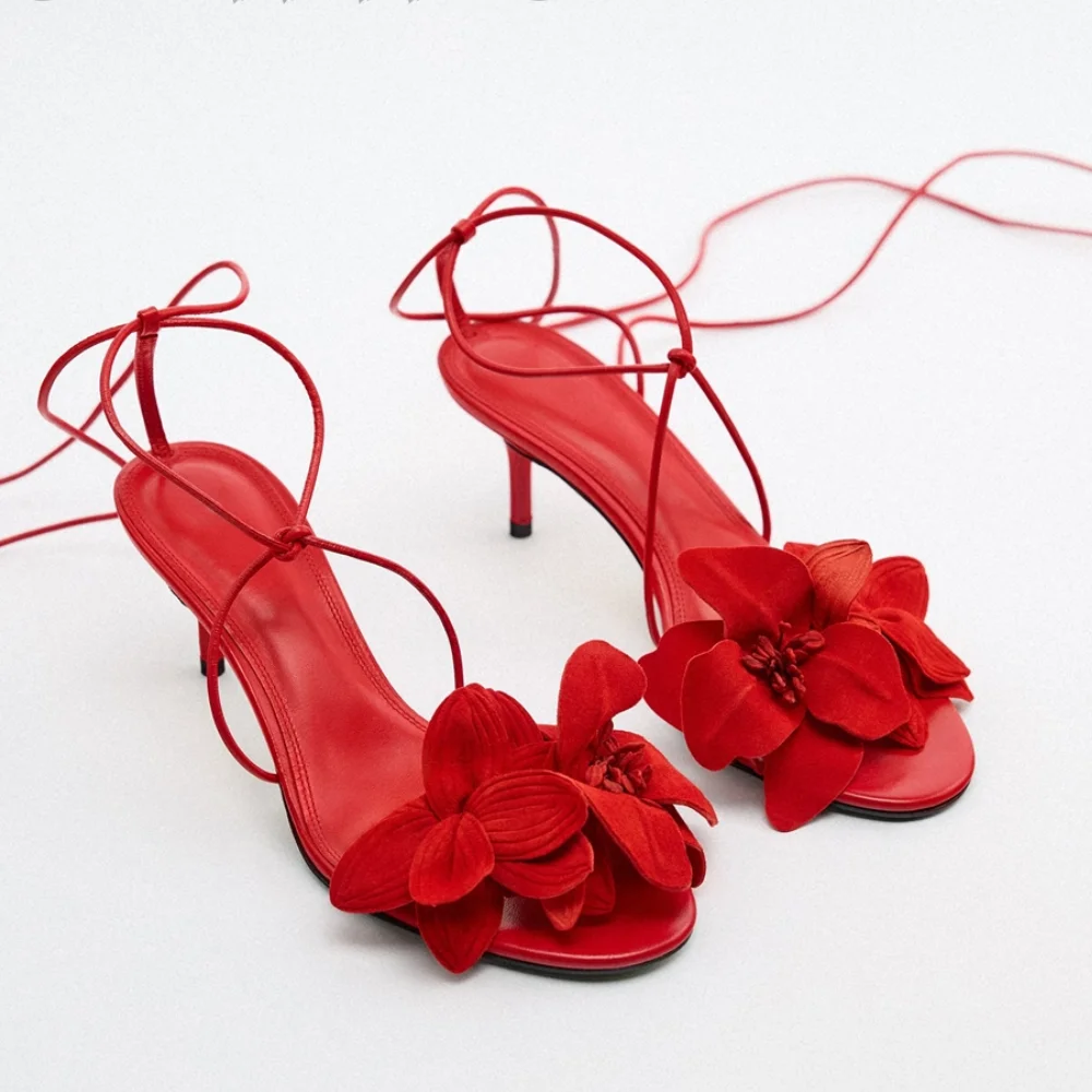 

2025 New Arrival Summer Woman Shoes Ladies Solid Gold/red Flowers Lace Up Unique Sexy Sandals Cross Tied Stiletto Heel Party