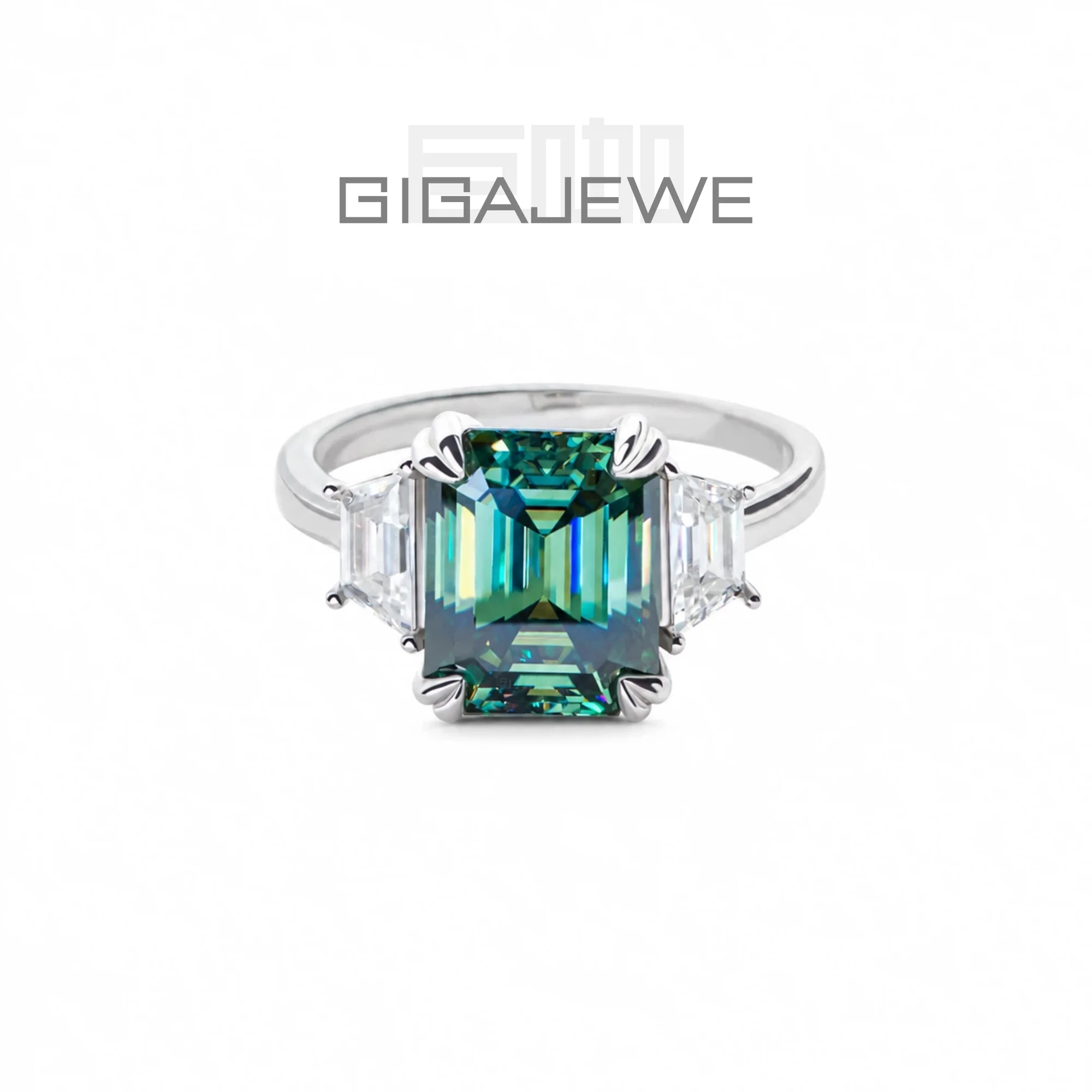 GIGAJEWE Moissanite Emerald Cut Natural Cyan 8X10mm 4.0ct S925 Silver Ring Diamond Test Passed Woman Wife Gift With GRA