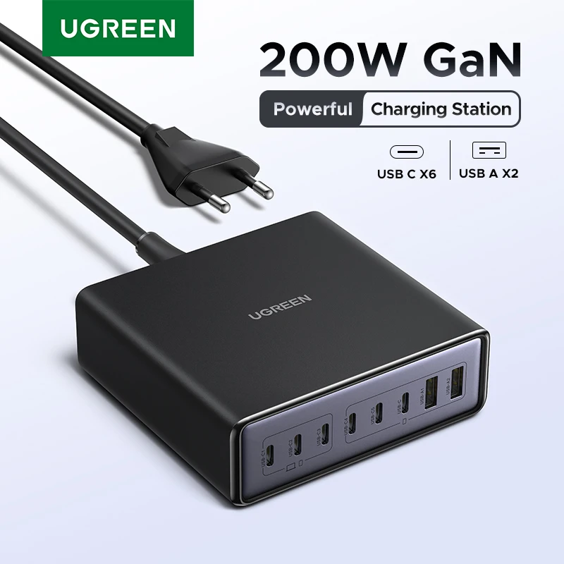 

UGREEN 200W GaN Charger 8 in 1 Desktop USB C Charging Station Stand For Macbook Laptops iPhone 16 15 Pro Xiaomi Samsung Tablets