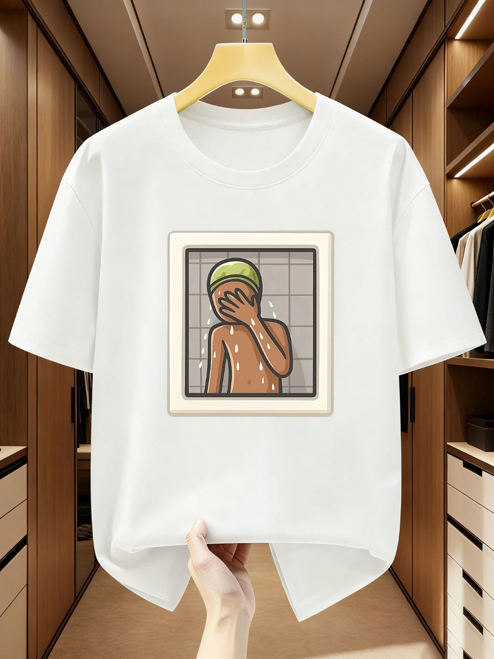 Plus Size Men's T-Shirt, 100% Wool, Short-Sleeve, Cartoon Shower Character Print  All Seasons Streetwear Shirt  vintage t shirt