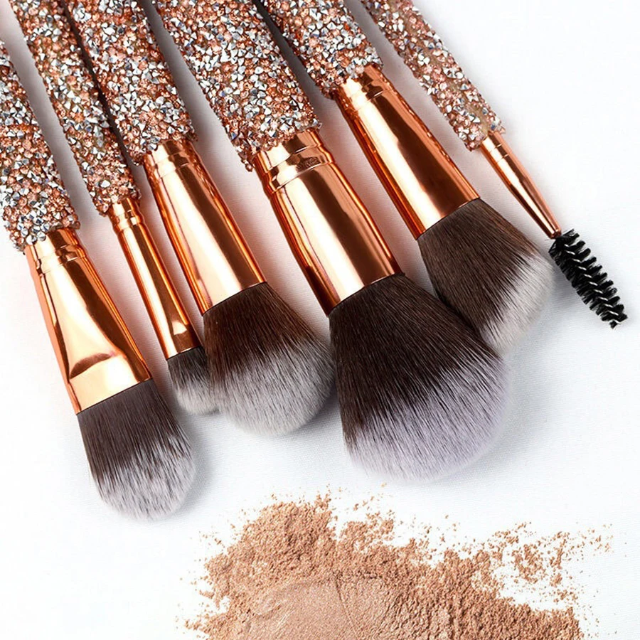 10Pcs Women\'s Makeup Facial Luxury High end Gold Handmade Diamond Wrapped Makeup Brush as the Best Gift for Friends and Mothers