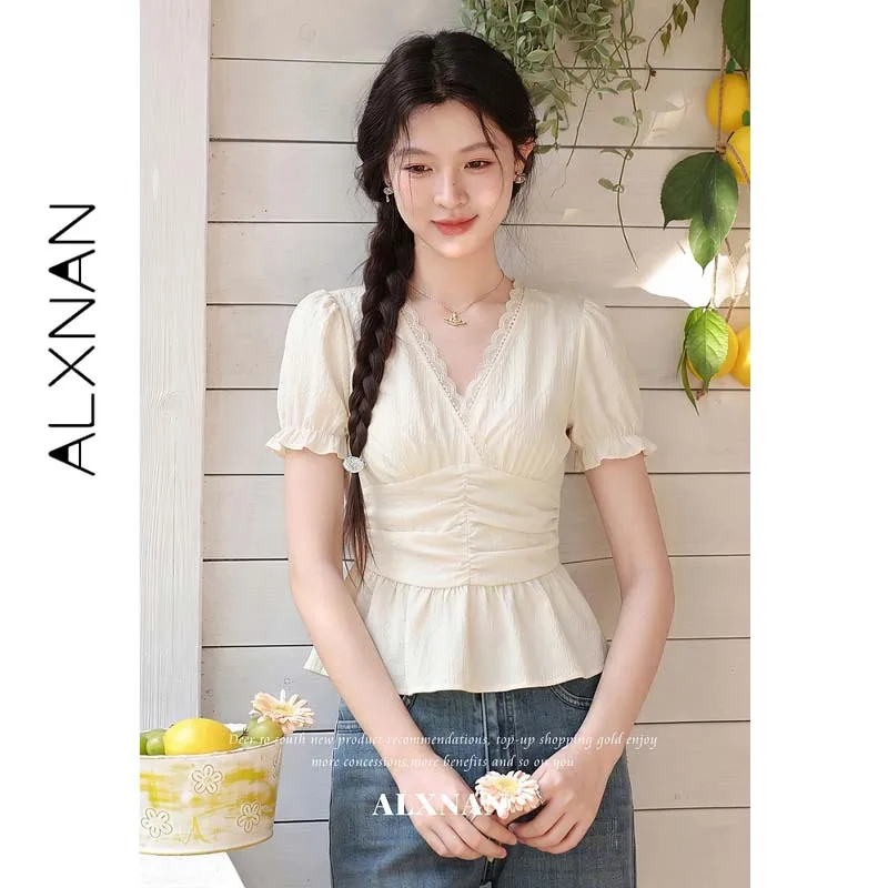 ALXNAN Women Cream White Blouse Summer V-neck Lace Trim Puff Short Sleeve Tee Side Ruched Slim Waist Casual Shirt Tops L662110A
