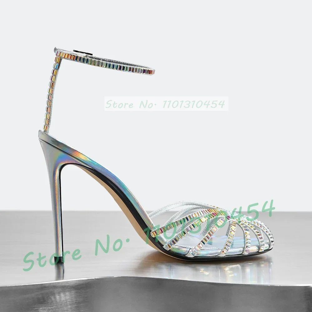 Colored Crystal Cross Strap Sandals Women Shimmer Iridescent Silver T Strap Shoes Ladies Stiletto High Heels Sexy Party Sandals