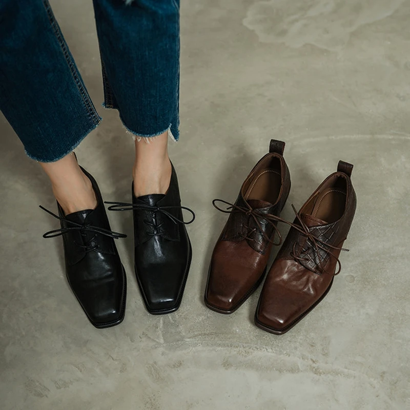 NEW Spring/Autumn Women Loafers Genuine Leather Shoes for Women Square Toe Chunky Heel Shoes Retro Lace-up High Heel Daily Shoes
