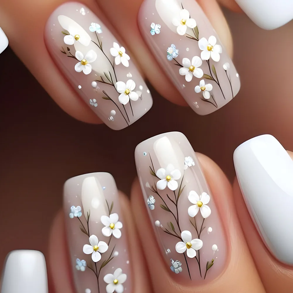 24 stuks herfst kunstnagels druk op nagels glanzende vlinderbloem retro Franse vierkante ballerina nagels draagbaar eenvoudige nep-nagelkunst