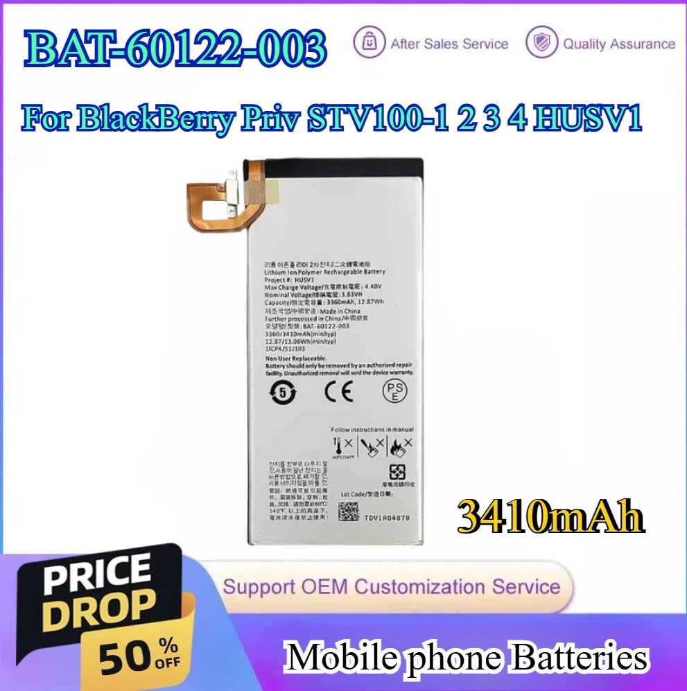 

3410mAh Mobile Phone Battery For BlackBerry Priv STV100-1 2 3 4 HUSV1 BAT-60122-003 Smartphone Batteries High Quality Battery