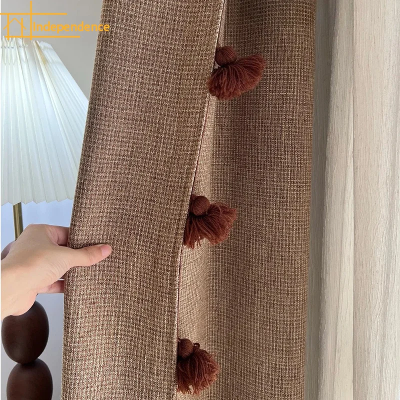 New Caramel Biscuit Linen Blended Woven Jacquard Thickened Curtains for Bedroom Living Room Window Customized Finished Product
