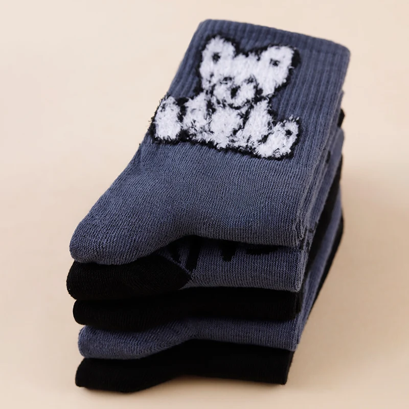 5 Pairs Of Four Season Unisex Black Gray Fashion Cartoon Teddy Bear/Letter/Plaid Versatile Comfortable Casual Mid Tube Socks