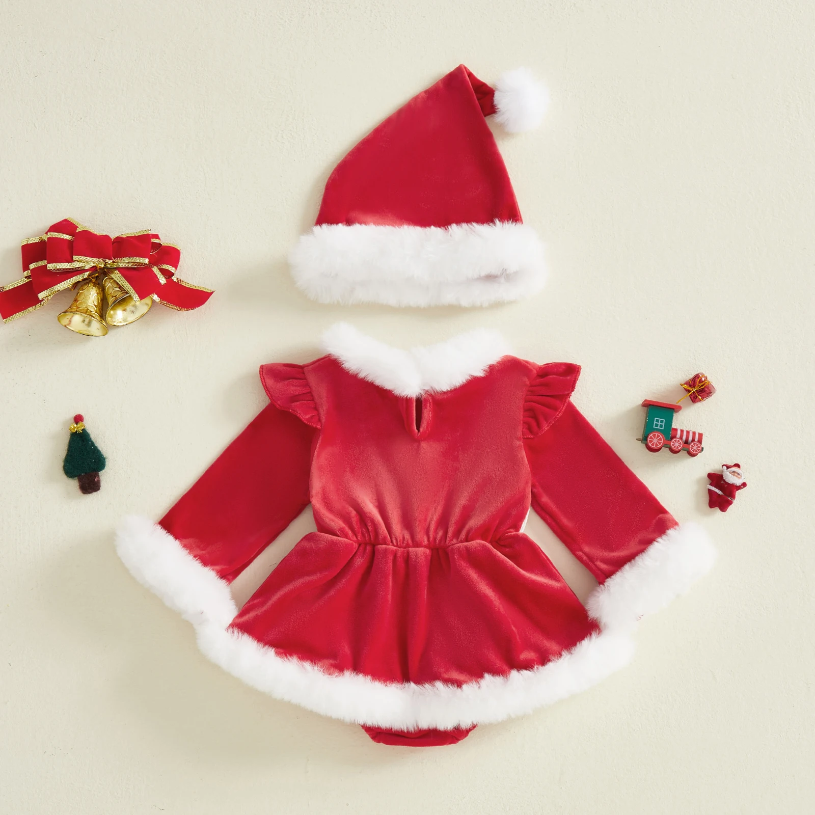 

Tregren 0-24M Infant Baby Girl Christmas Romper Dress Embroidered Furry Trim Crew Neck Long Sleeve Bodysuit and Hat 2 Pcs Sets