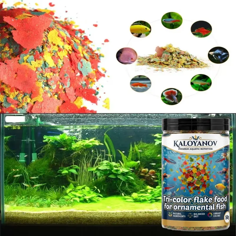 Tri-Color Fish Food Flakes for Aquarium Tropical Fish Guppy Betta Goldfish Freshwater Balanced Diet Floating Flake Feed