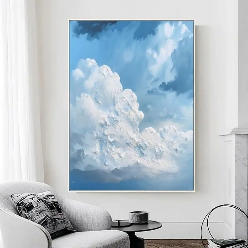 

Handmade Canvas Art Oil Painting Simple Abstract Landscape Blue Sky White Clouds Living Room Decor Picture Wall Interior Decor