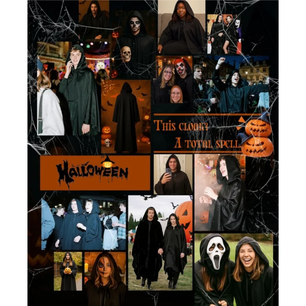 Black Cape Cloak Warrior Costume for Adults Vampire Sorcerer Long Shirt Hooded Ghost of Horror Halloween Christmas Costume Cape view 6
