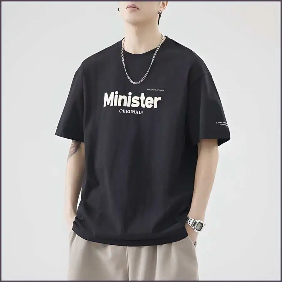 قميص قطني أسود للرجال صيفي مطبوع فضفاض بأكمام نصفية بإحساس بارد تصميم قياسي بأكمام قصيرة وإغلاق بسحاب للفصول الأربعة