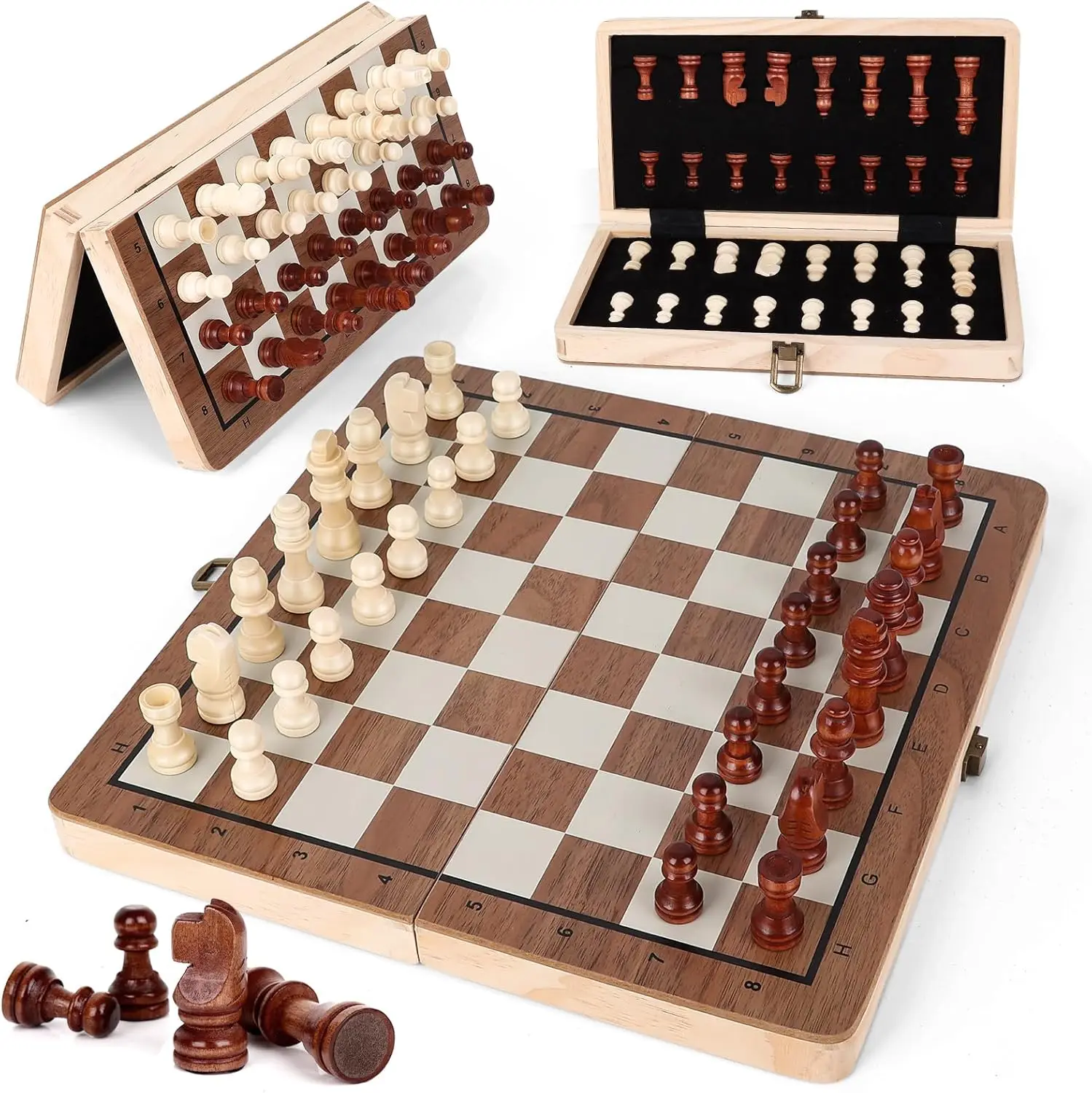 

11.5" Magnetic Wooden Chess Set, Folding Travel Board with Storage, for Kids & Adults