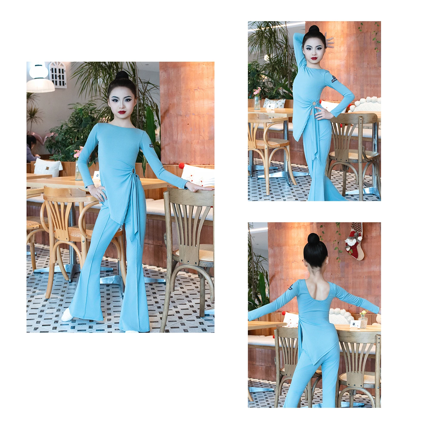 ชุดฝึกซ้อมเต้นลาตินสำหรับเด็กผู้หญิงปี 2025 แบบคอเดียว กางเกงขาบาน ชุดเต้นชาช่า รุมบ้า แทงโก้ ชุดลาติน รุ่น DQS21494