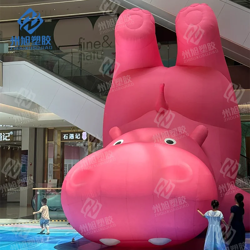Customize design oxford material inflatable hippo giant cartoon pink animal air model for valentine's day theme activity