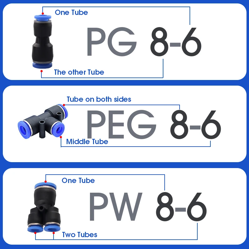 2PCS PG PEG PW6-4/8-4/8-6/10-6/10-8/12-10 Pneumatic Fitting Reducing Tee Trachea Straight-through Reducing Joint PEG6-4 PG6-4
