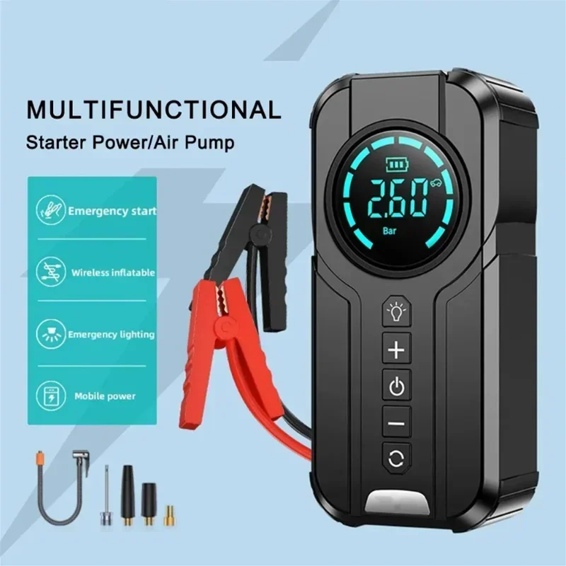 

Car Jump Starter Air Pump Power Bank Lighting Portable Air Compressor 4 In 1 Cars Battery Starters Starting Auto Tyre Inflator