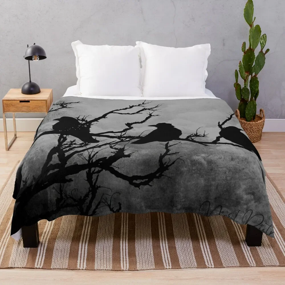 

Crows Birds on Branch Yellow Stormy Sky Gothic Art A526 Throw Blanket Large Flannel Fabric Warm Blankets