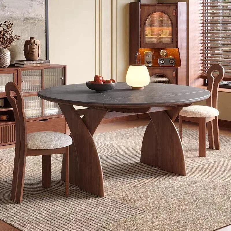 Rustic Solid Wood Dining Table for Small Spaces Foldable Extendable Round Table with Travertine Base and Ash Wood Extension