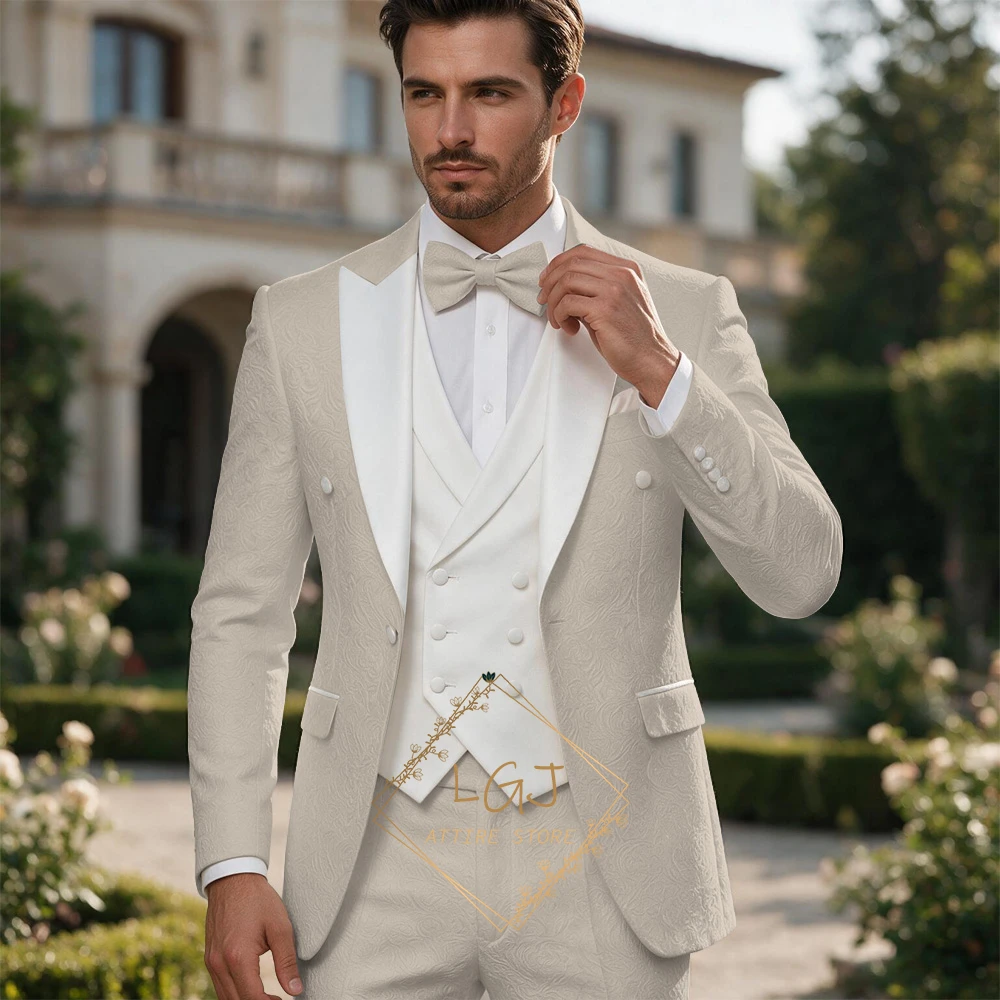 Romantic White Floral Jacquard 3PC Suit for Men Matching Bowtie Double Breasted Waistcoat Groom Tuxedo Jacket Pants