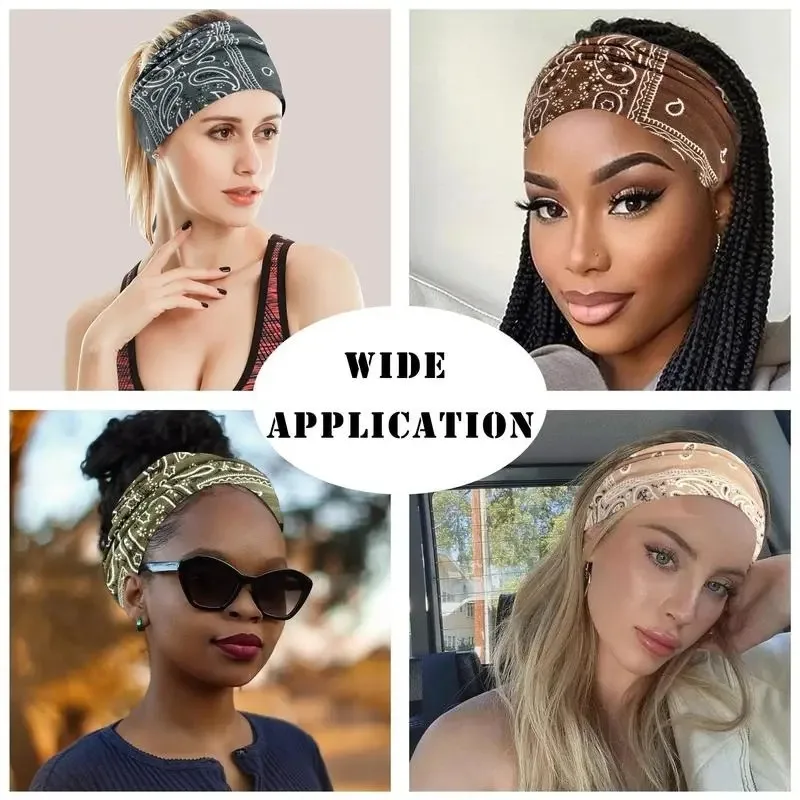 Boho Headbands for Women Vintage Paisley Wide Hairbands Large African Headwrap Elastic Non Slip Workout Sports Head Band Knotted Thick Turban Cotton Bandanas for Hair Accessories 4Pcs - view 3