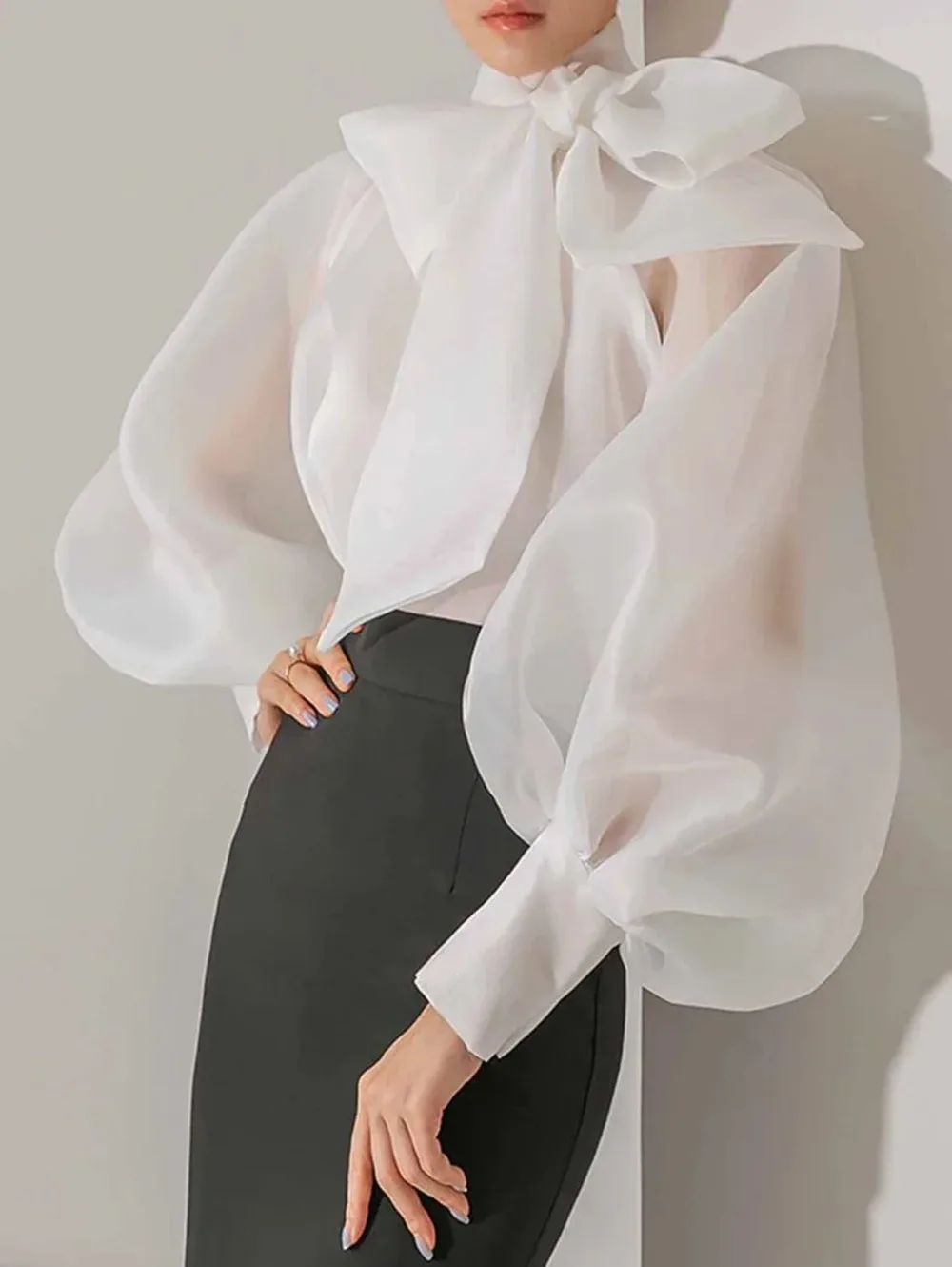 Women's Elegant Organza Blouse Big Bow Neck Sheer Puff Long Sleeve Stand Collar Formal Office Fashion Casual Ladies Shirt Top