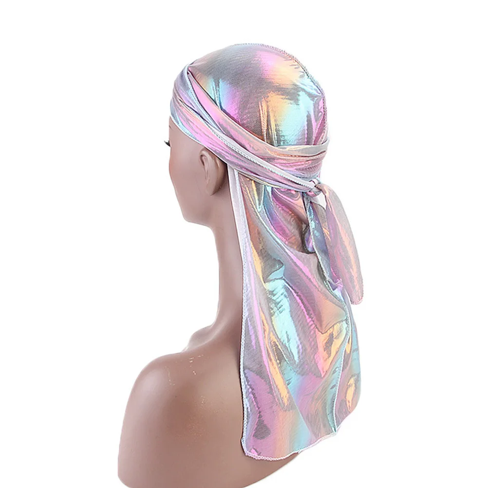 

3Pcs Women Turban Long Tail Headscarf Simulated Silk Reflective Color Soft Elastic Comfortable Wear for Home Outdoor Pink Sky