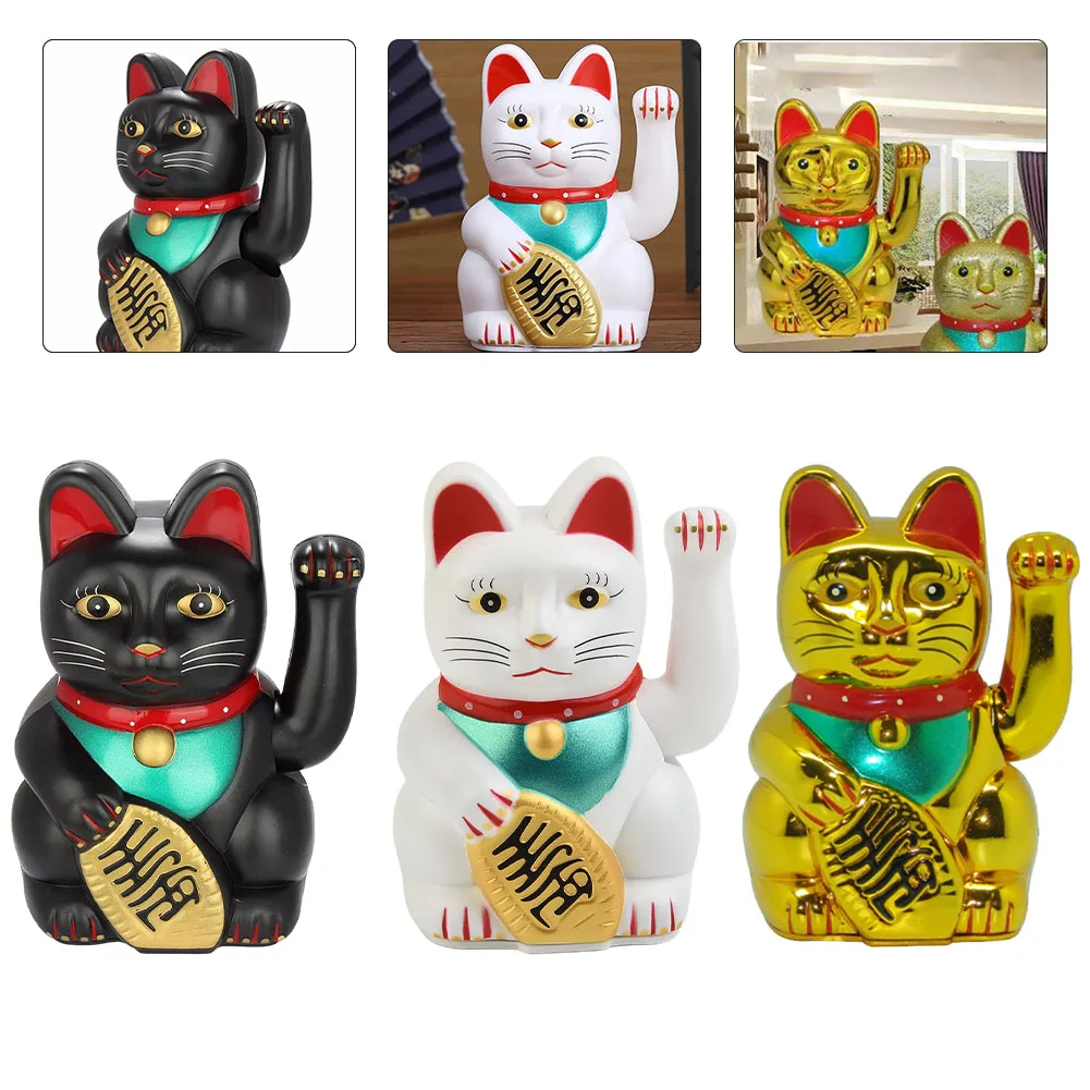 6 Inch Lucky Cat Decorative Figure with Gold Nugget and Battery Driven Arm Motion for Shop Counter Office Desk and Shelf Display