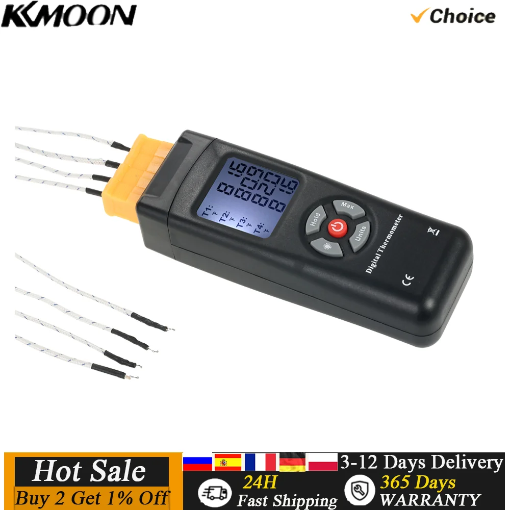 4-Channel K-Type Digital LCD Thermometer Thermocouple Sensor -50~1350°C/-58~2462°F Data Hold Function