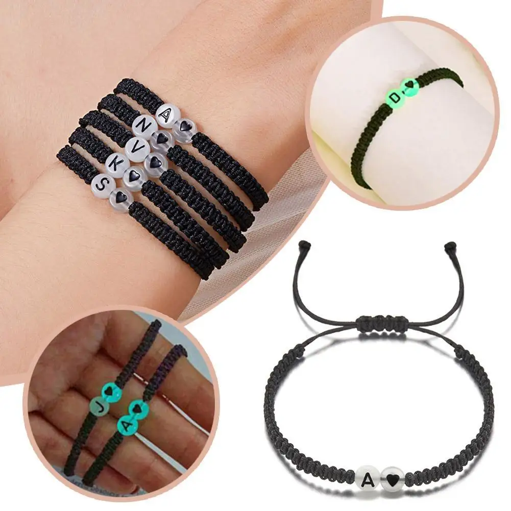 1pc 2024 26 Letters Glow-in-the-dark Bracelet For Women And Men White Peach Heart Couple's Woven Hand Rope Bracelet Accessories