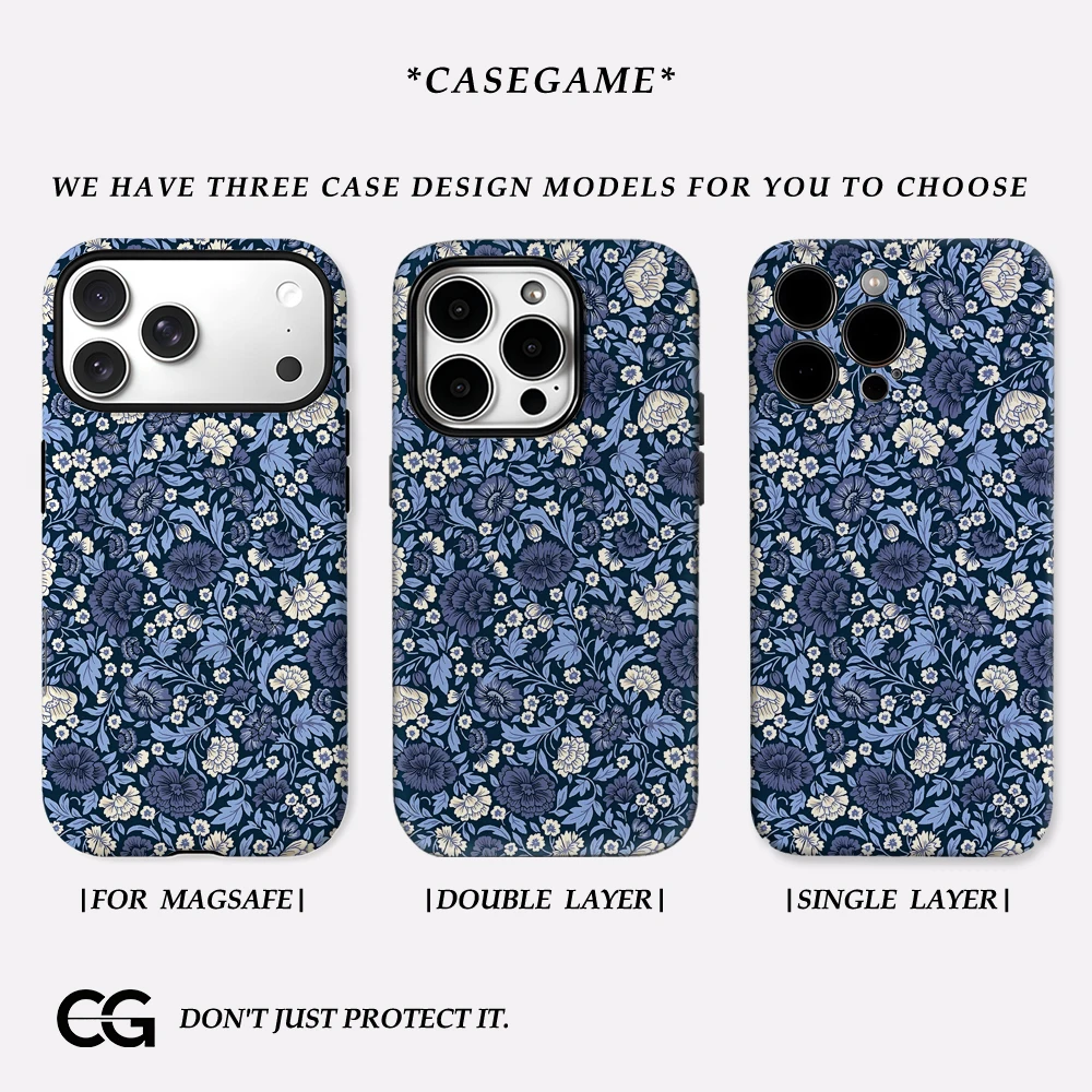 Mitternachtsblaue Blumen-IPhone 17-Handyhülle für 16E, 16, 15, 14, 13, 12, 11, 60 Pro Max Plus, doppellagige Rückseite