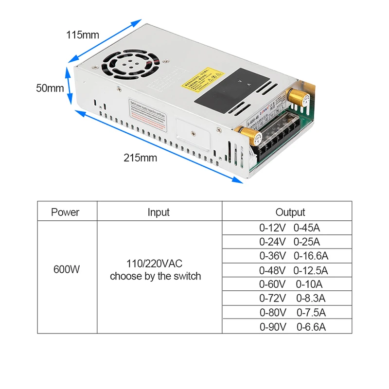 600W Adjustable Switching Power Supply Dual Displays AC 110/220V to DC 12V~90V CV CC For Lab Test Battery Charging CE Rohs KC