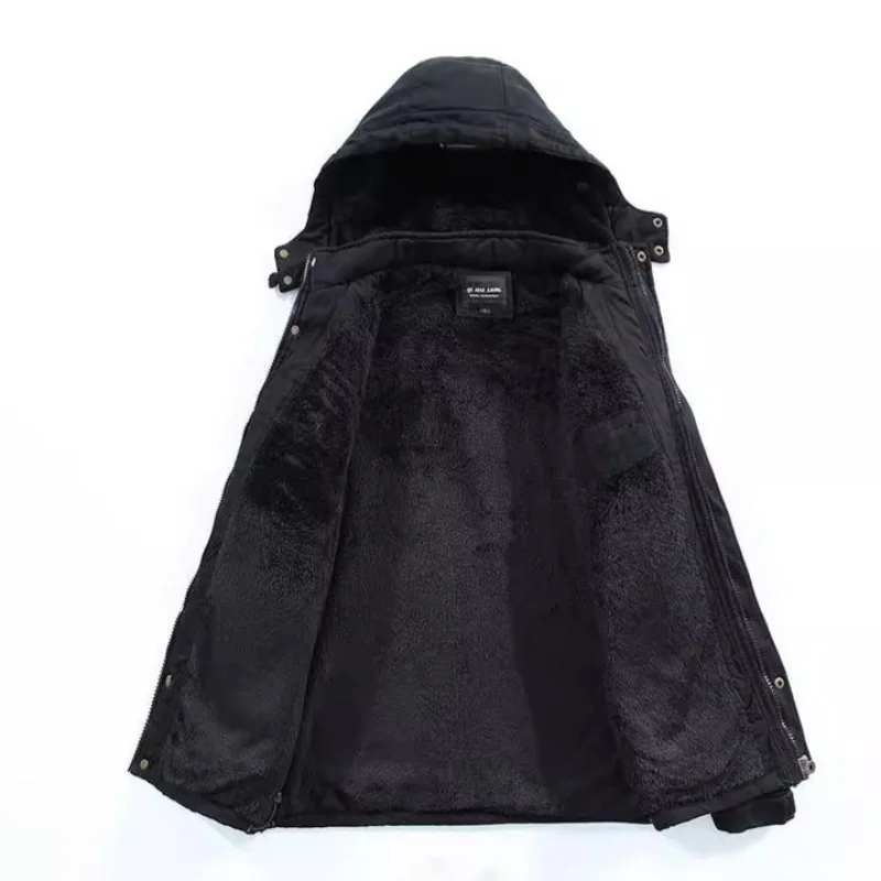 Fleece trench coat, mid-length men's overcoat for middle-aged and elderly people, thickened washed cotton work jacket for men