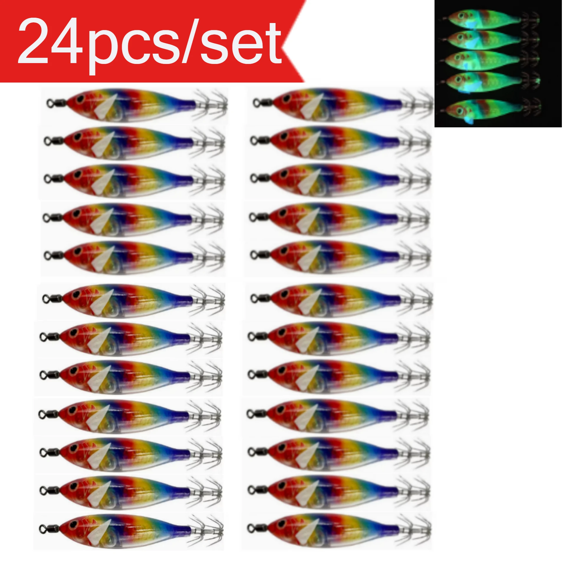 24 Stück/Set Leuchtender Tintenfisch-Jig 8cm/5,7g Garnelen-Angelköder Haken Meeresfischerei-Zubehör Künstlicher Köder Oktopus-Köder