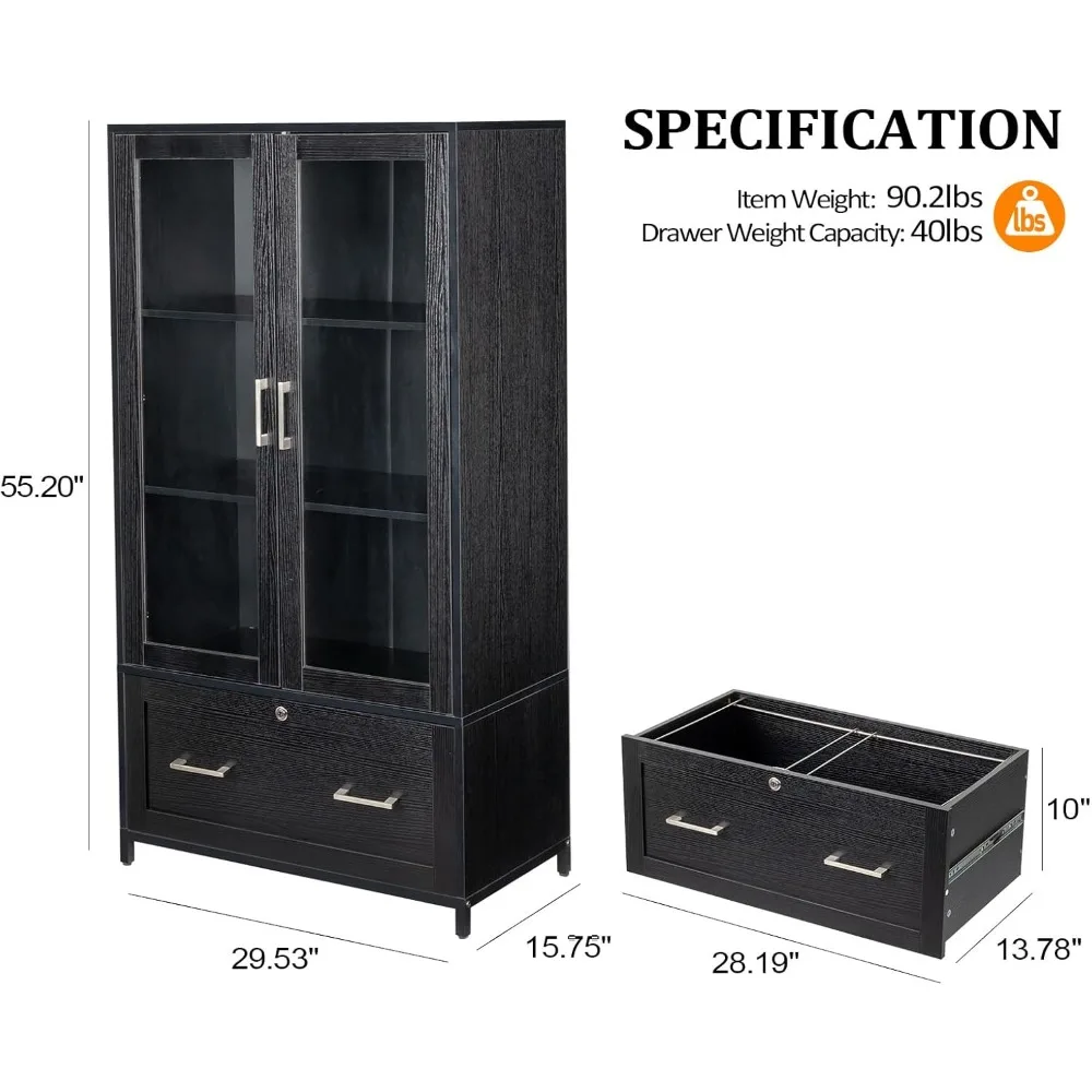 Lateral File Cabinet with Glass Doors and Locking Drawer for Hanging File Folders, Bookshelf with Adjustable Shelves for Home