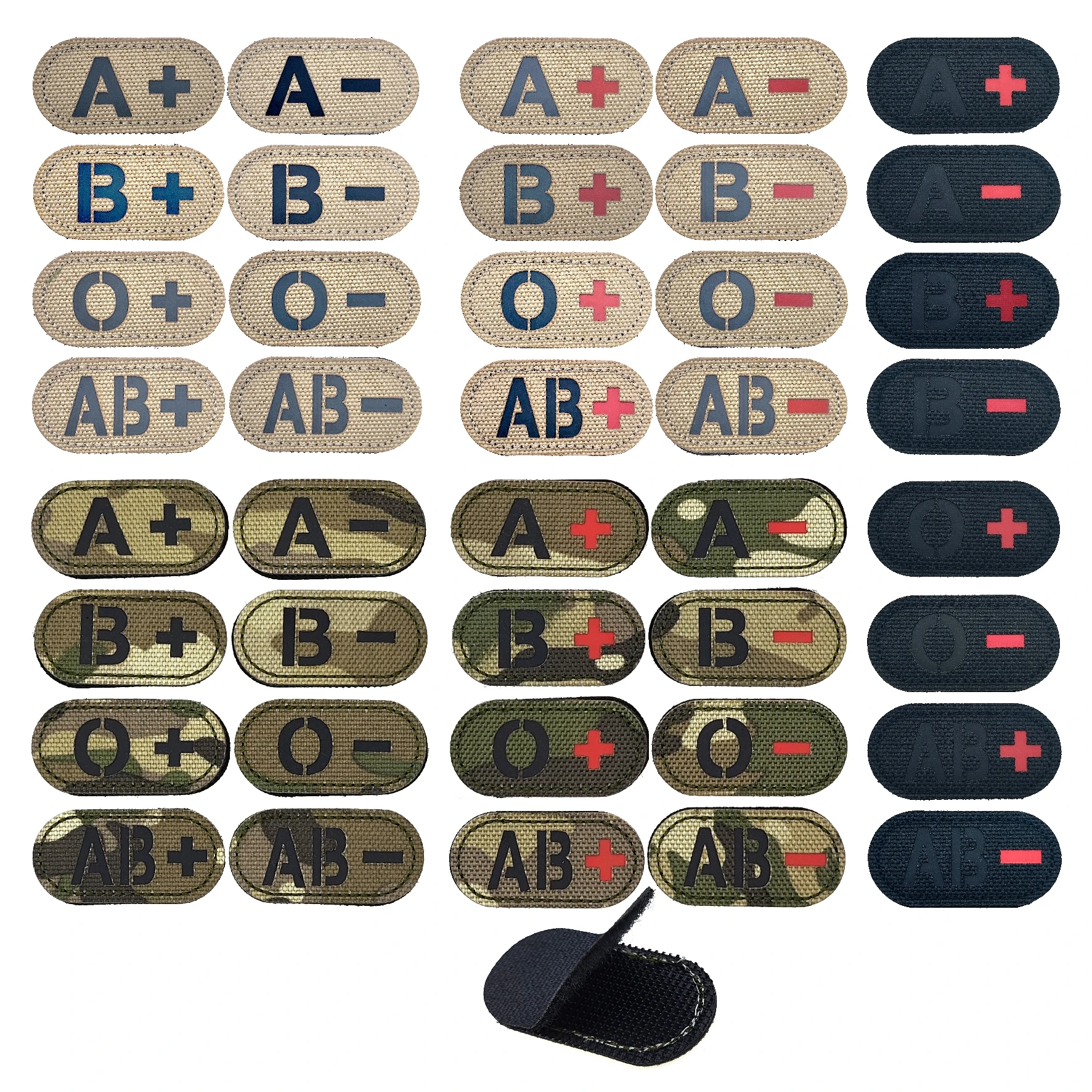 Camouflage parche 0 positivo blood type A B O AB -IR reflection in dark back color hat micro armband tactical vest Patch