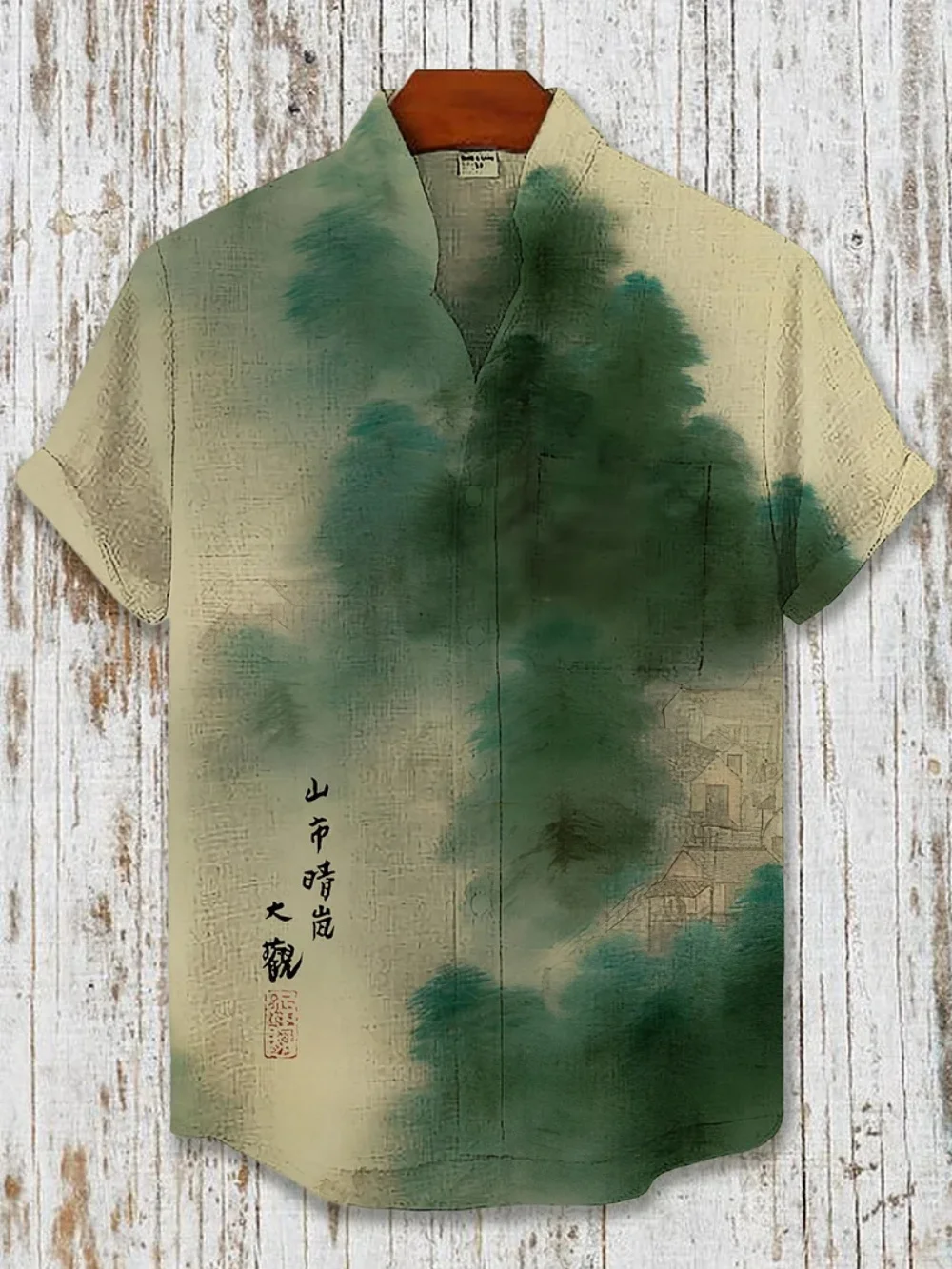 Men's Classic Retro Abstract Print Short Sleeve Linen Shirt Stand up Collar High-Quality Casual Top