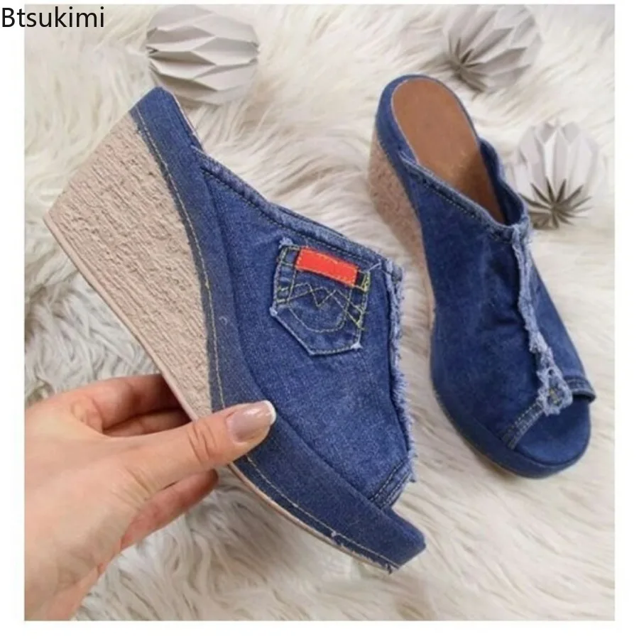 Women\'s Summer New Cowboy Slippers Fashion Vintage Wedges Platform Casual Shoes Denim Peep Toe High Heel Sandals Ladies Footwear