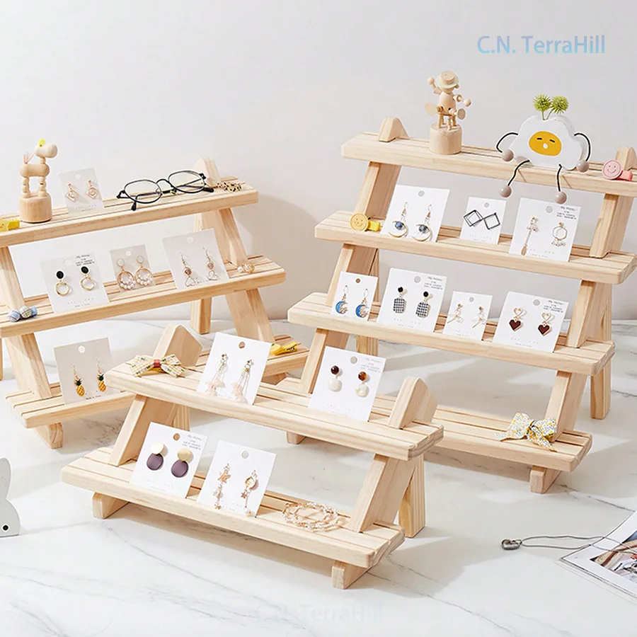 Succulent Display Stand Earring Jewelry Organizer Wooden Desktop Shelf for Figurine Dolls Craft Show
