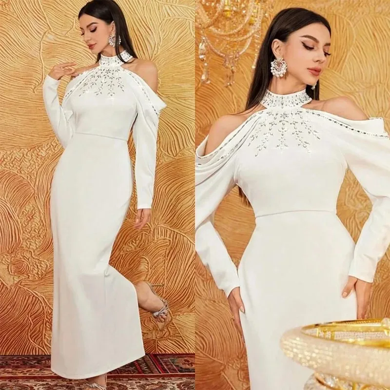 Vestido de graduación de cuello alto con clase, vestido de fiesta de cristal con cuentas de manga larga de estilo moderno, vestido de noche hasta el tobillo de Arabia Saudita