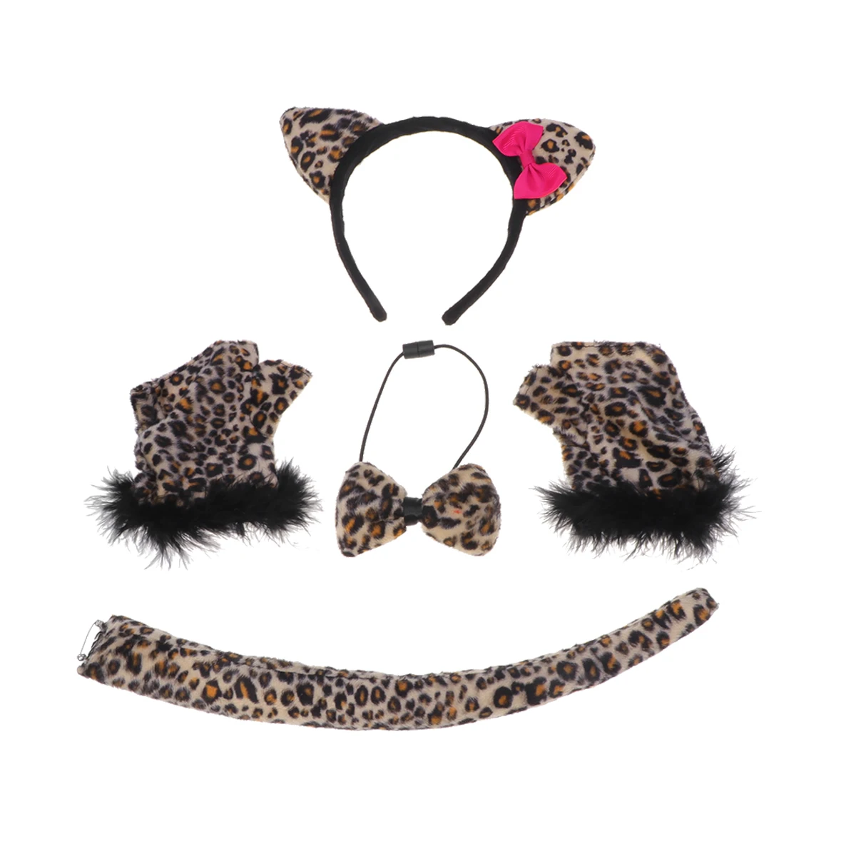 

4Pcs Leopard Headband Tie Tail Gloves Set Fashionable Animal Cosplay Headdress Halloween Party Supplies Kids Gifts