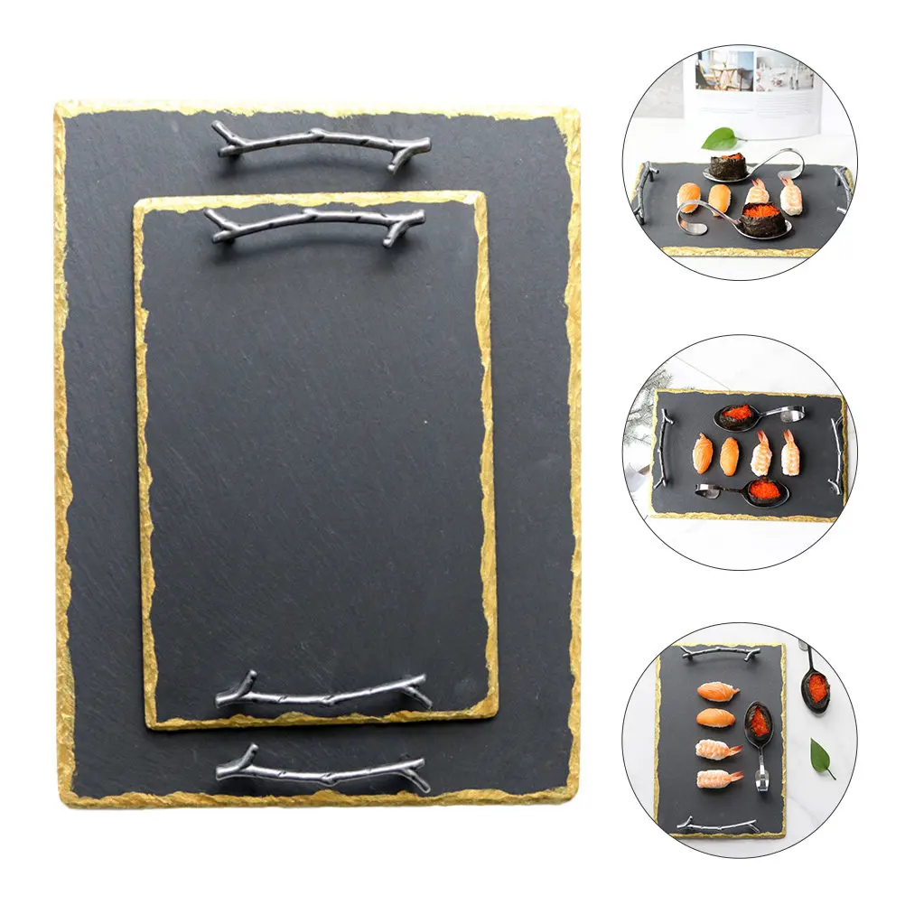 1Pcs Premium Pottery Food Tray Rectangular Sushi Dessert Serving Plate with Branch Handles Modern Cake Display Tray for Parties