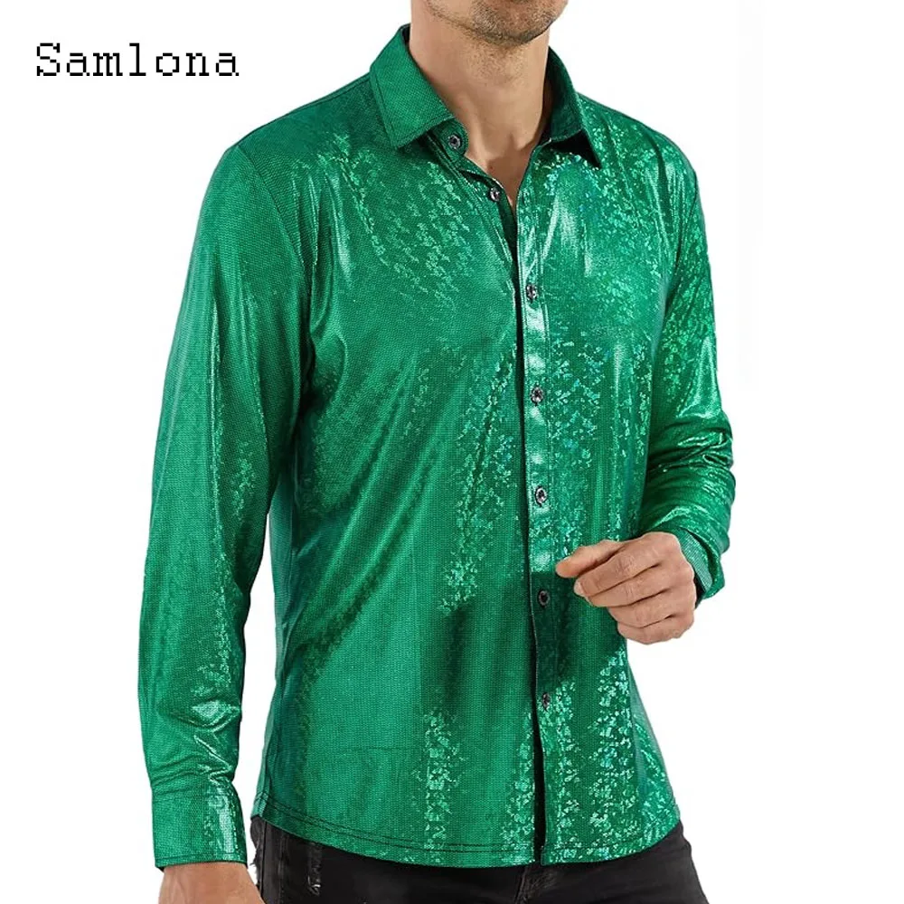 2025 Europe Fashion Glossy Basic Shirts Men Long sleeves Cosplay Party Blouse Sexy Men's Open Stitch Dance Tops Clubwear New