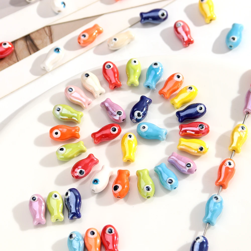 10Pcs Cute Ceramic Fish Beads 19x10mm Mixed Color Cartoon Fish Shape Spacer Beads for DIY Jewelry Making Bracelet Necklace